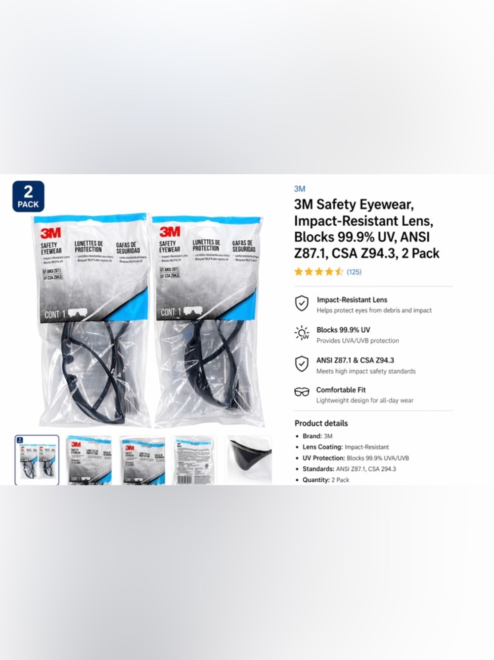 3M‎ Safety Eyewear Glasses 2 Pack ANSI Z87.1 CSA Z94.3 Impact Resistant New